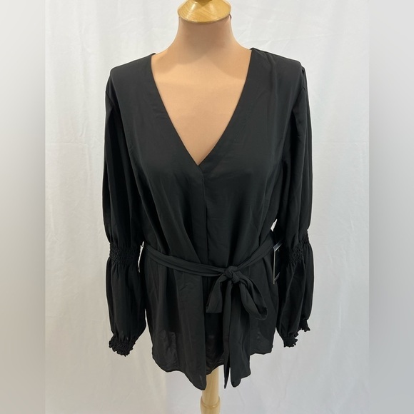 Eloquii Black Belted V-Neck Button Up Blouse Gathered Sleeves - Picture 1 of 10